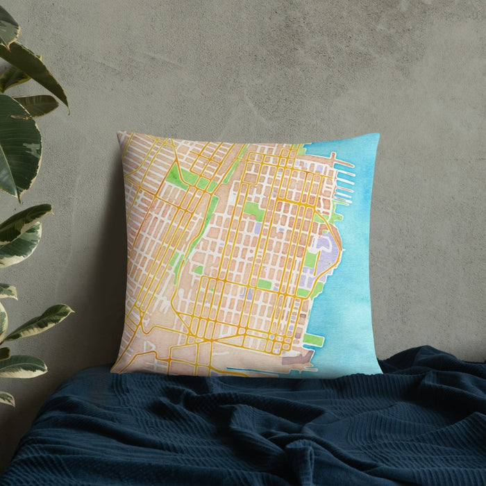 Custom Hoboken New Jersey Map Throw Pillow in Watercolor on Bedding Against Wall