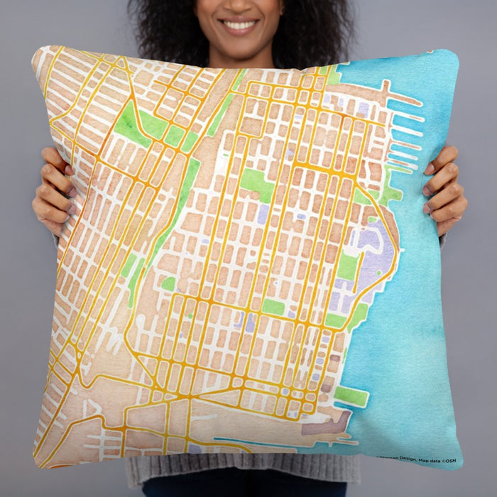 Person holding 22x22 Custom Hoboken New Jersey Map Throw Pillow in Watercolor