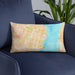 Custom Hoboken New Jersey Map Throw Pillow in Watercolor on Blue Colored Chair