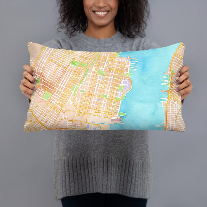 Person holding 20x12 Custom Hoboken New Jersey Map Throw Pillow in Watercolor