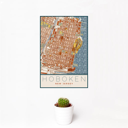 12x18 Hoboken New Jersey Map Print Portrait Orientation in Woodblock Style With Small Cactus Plant in White Planter