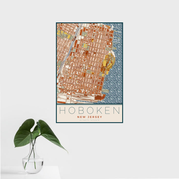 16x24 Hoboken New Jersey Map Print Portrait Orientation in Woodblock Style With Tropical Plant Leaves in Water