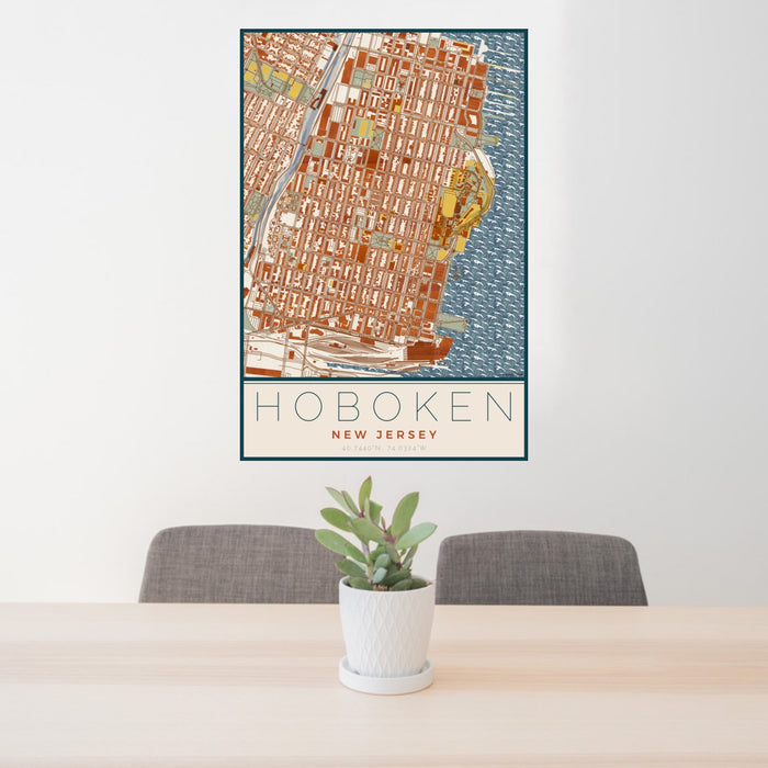 24x36 Hoboken New Jersey Map Print Portrait Orientation in Woodblock Style Behind 2 Chairs Table and Potted Plant