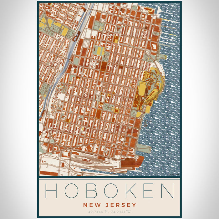 Hoboken New Jersey Map Print Portrait Orientation in Woodblock Style With Shaded Background