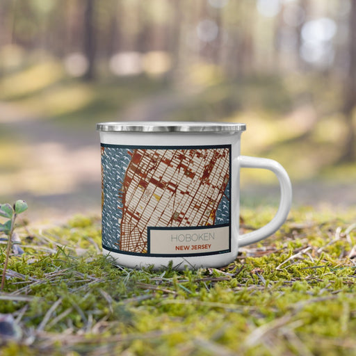 Right View Custom Hoboken New Jersey Map Enamel Mug in Woodblock on Grass With Trees in Background
