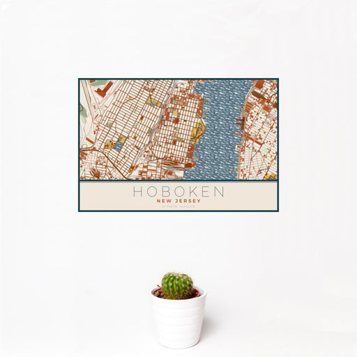 12x18 Hoboken New Jersey Map Print Landscape Orientation in Woodblock Style With Small Cactus Plant in White Planter