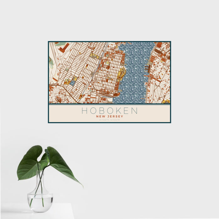 16x24 Hoboken New Jersey Map Print Landscape Orientation in Woodblock Style With Tropical Plant Leaves in Water