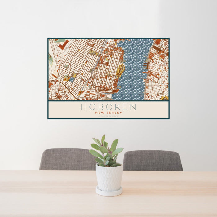 24x36 Hoboken New Jersey Map Print Landscape Orientation in Woodblock Style Behind 2 Chairs Table and Potted Plant