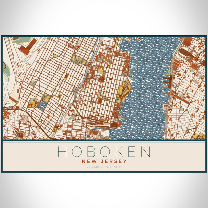 Hoboken New Jersey Map Print Landscape Orientation in Woodblock Style With Shaded Background