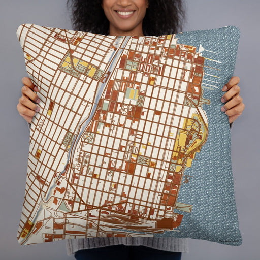 Person holding 22x22 Custom Hoboken New Jersey Map Throw Pillow in Woodblock