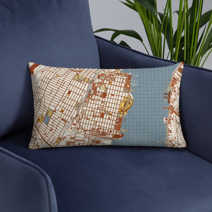 Custom Hoboken New Jersey Map Throw Pillow in Woodblock on Blue Colored Chair