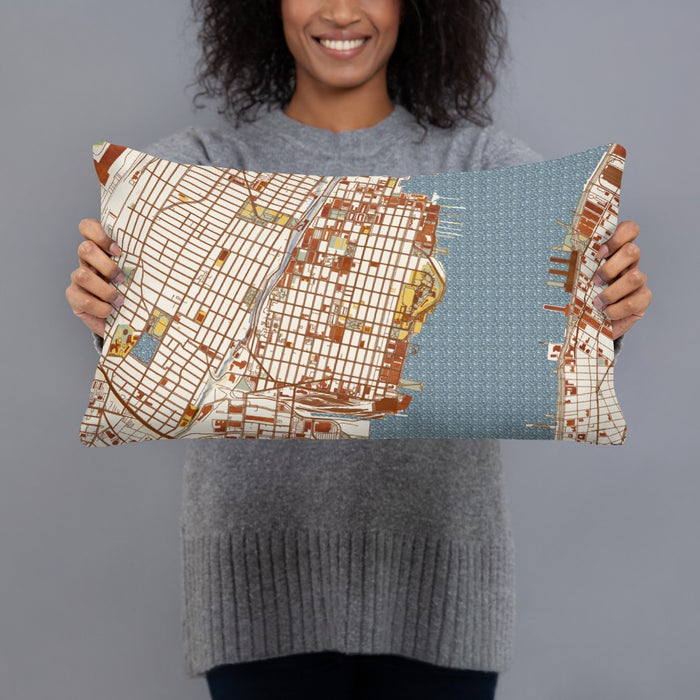 Person holding 20x12 Custom Hoboken New Jersey Map Throw Pillow in Woodblock