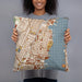 Person holding 18x18 Custom Hoboken New Jersey Map Throw Pillow in Woodblock