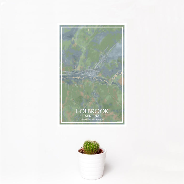 12x18 Holbrook Arizona Map Print Portrait Orientation in Afternoon Style With Small Cactus Plant in White Planter