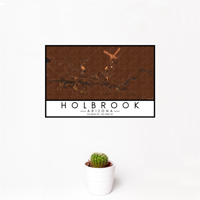 12x18 Holbrook Arizona Map Print Landscape Orientation in Ember Style With Small Cactus Plant in White Planter