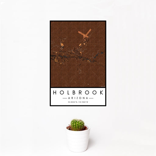 12x18 Holbrook Arizona Map Print Portrait Orientation in Ember Style With Small Cactus Plant in White Planter