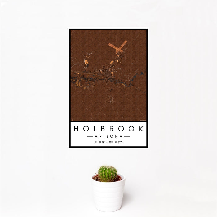 12x18 Holbrook Arizona Map Print Portrait Orientation in Ember Style With Small Cactus Plant in White Planter