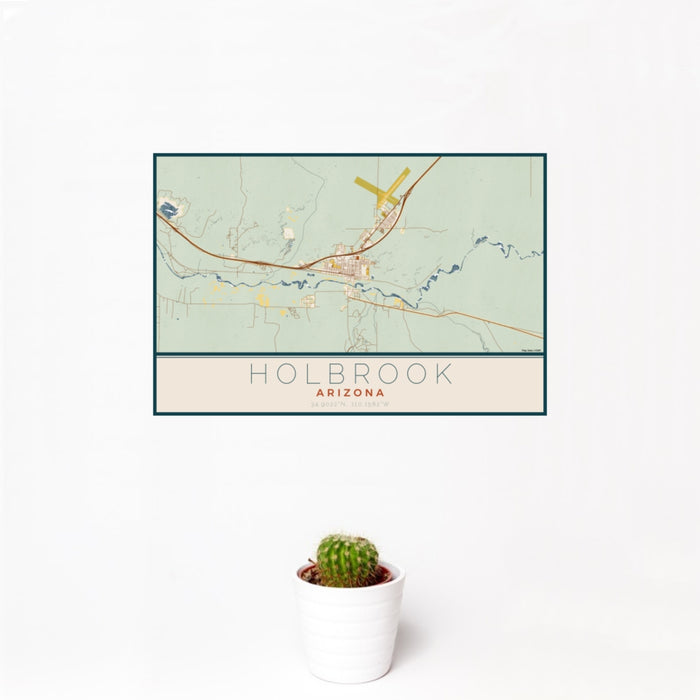 12x18 Holbrook Arizona Map Print Landscape Orientation in Woodblock Style With Small Cactus Plant in White Planter