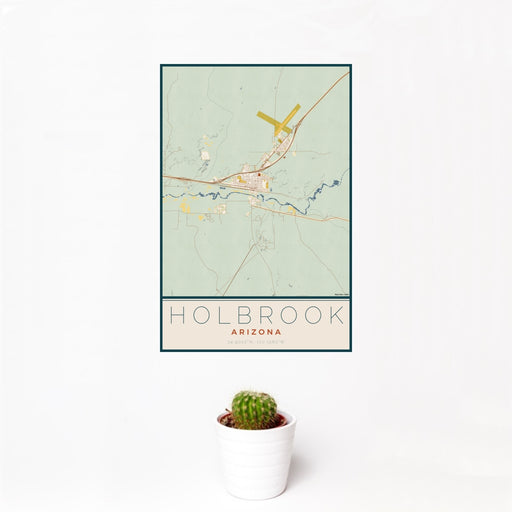 12x18 Holbrook Arizona Map Print Portrait Orientation in Woodblock Style With Small Cactus Plant in White Planter