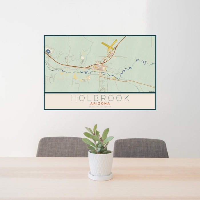 24x36 Holbrook Arizona Map Print Lanscape Orientation in Woodblock Style Behind 2 Chairs Table and Potted Plant
