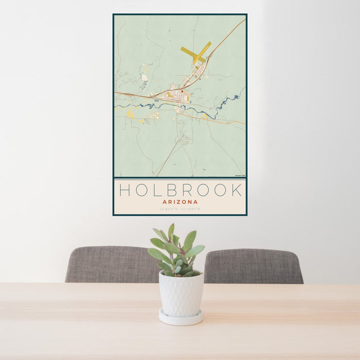 24x36 Holbrook Arizona Map Print Portrait Orientation in Woodblock Style Behind 2 Chairs Table and Potted Plant