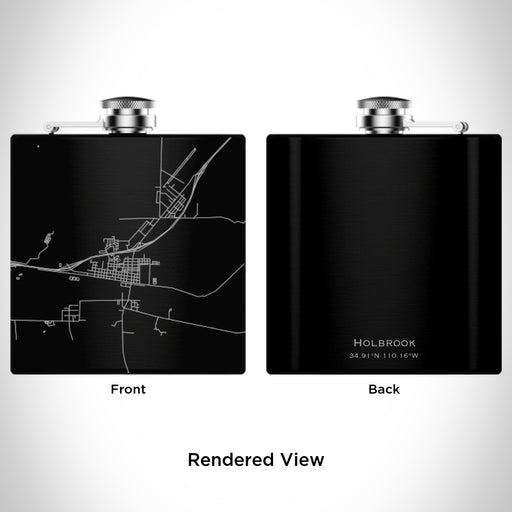Rendered View of Holbrook Arizona Map Engraving on 6oz Stainless Steel Flask in Black