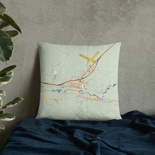 Custom Holbrook Arizona Map Throw Pillow in Woodblock on Bedding Against Wall