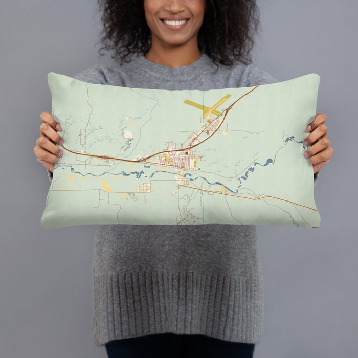 Person holding 20x12 Custom Holbrook Arizona Map Throw Pillow in Woodblock