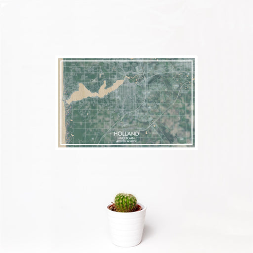 12x18 Holland Michigan Map Print Landscape Orientation in Afternoon Style With Small Cactus Plant in White Planter