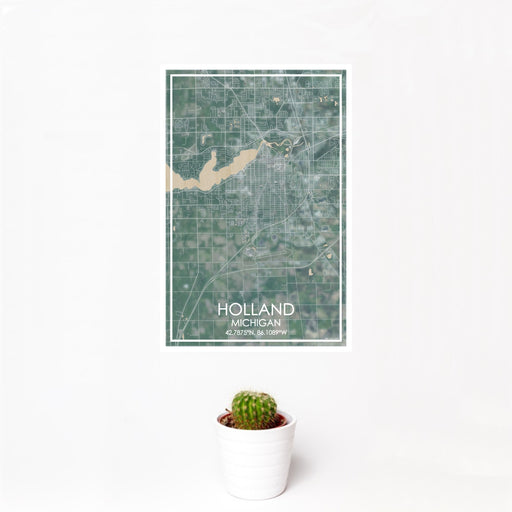 12x18 Holland Michigan Map Print Portrait Orientation in Afternoon Style With Small Cactus Plant in White Planter