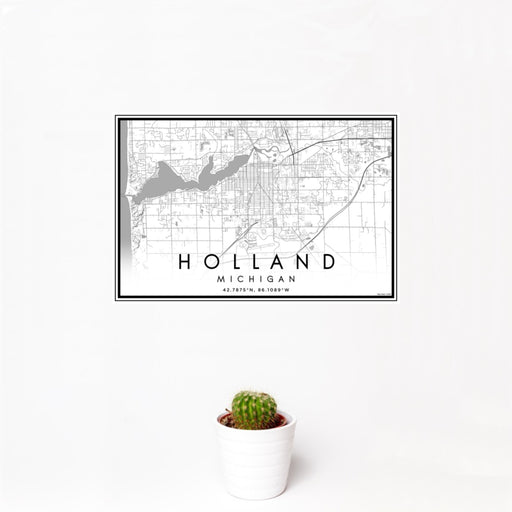 12x18 Holland Michigan Map Print Landscape Orientation in Classic Style With Small Cactus Plant in White Planter