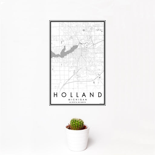 12x18 Holland Michigan Map Print Portrait Orientation in Classic Style With Small Cactus Plant in White Planter