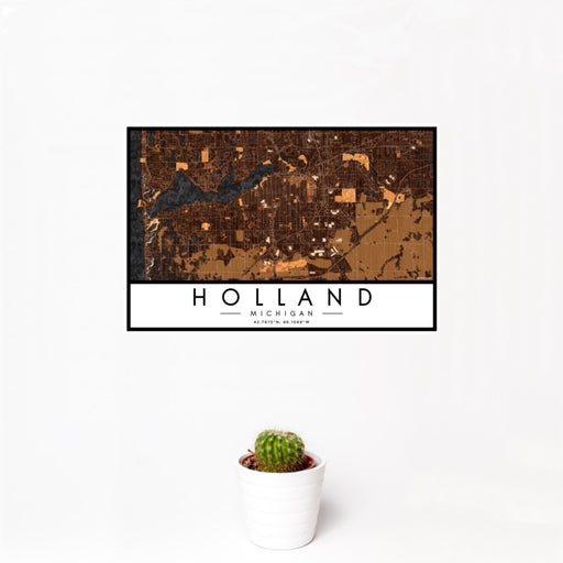 12x18 Holland Michigan Map Print Landscape Orientation in Ember Style With Small Cactus Plant in White Planter