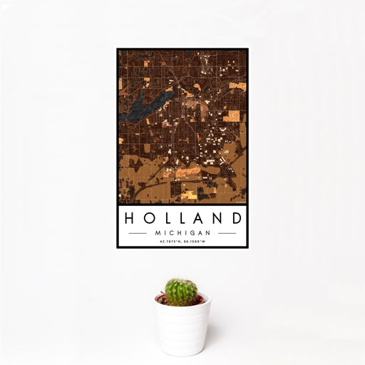 12x18 Holland Michigan Map Print Portrait Orientation in Ember Style With Small Cactus Plant in White Planter