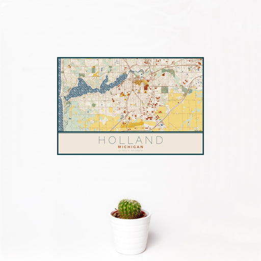 12x18 Holland Michigan Map Print Landscape Orientation in Woodblock Style With Small Cactus Plant in White Planter