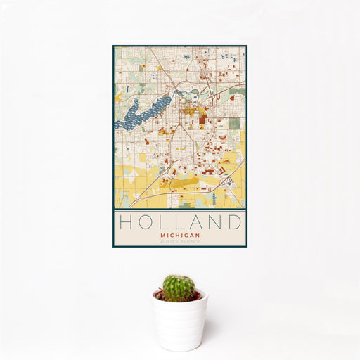 12x18 Holland Michigan Map Print Portrait Orientation in Woodblock Style With Small Cactus Plant in White Planter