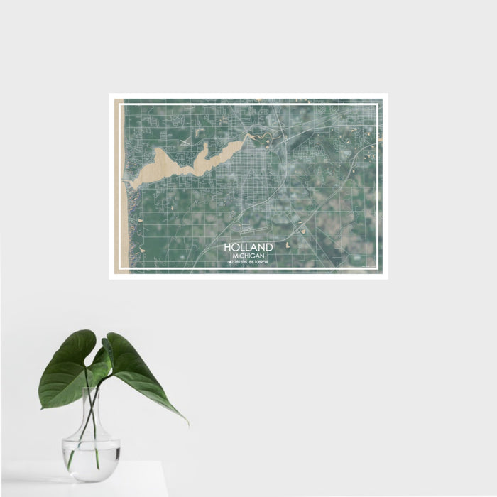 16x24 Holland Michigan Map Print Landscape Orientation in Afternoon Style With Tropical Plant Leaves in Water