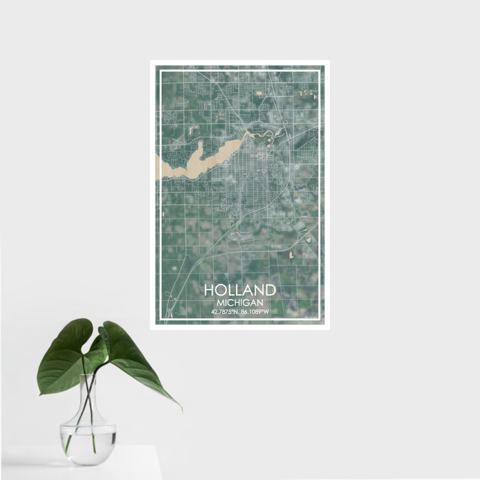 16x24 Holland Michigan Map Print Portrait Orientation in Afternoon Style With Tropical Plant Leaves in Water