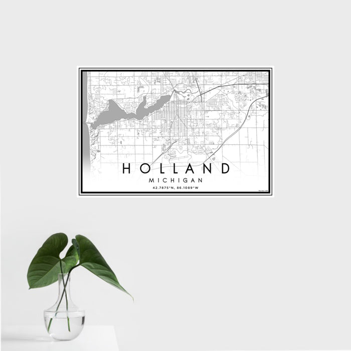 16x24 Holland Michigan Map Print Landscape Orientation in Classic Style With Tropical Plant Leaves in Water