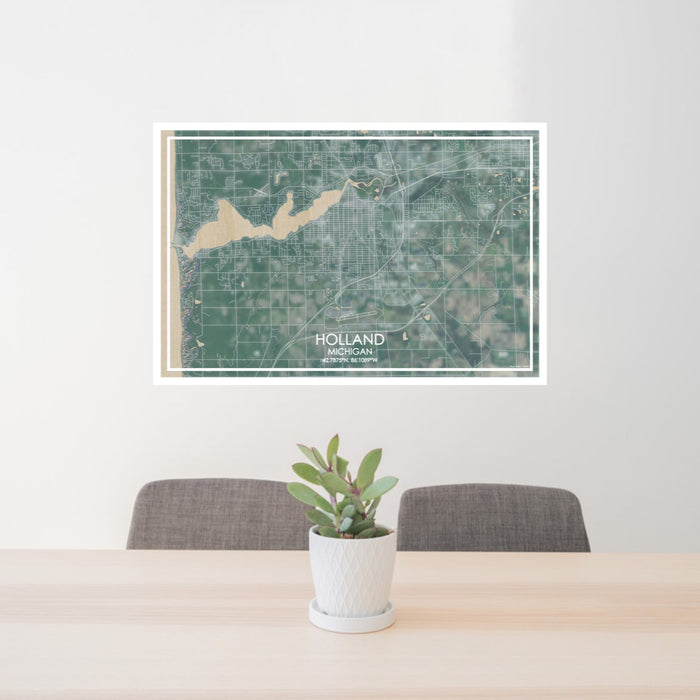 24x36 Holland Michigan Map Print Lanscape Orientation in Afternoon Style Behind 2 Chairs Table and Potted Plant