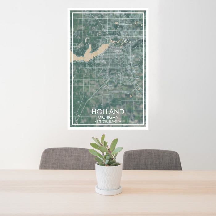 24x36 Holland Michigan Map Print Portrait Orientation in Afternoon Style Behind 2 Chairs Table and Potted Plant