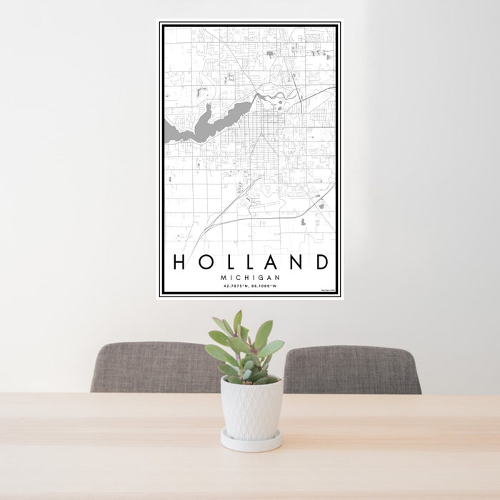 24x36 Holland Michigan Map Print Portrait Orientation in Classic Style Behind 2 Chairs Table and Potted Plant