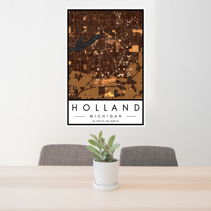 24x36 Holland Michigan Map Print Portrait Orientation in Ember Style Behind 2 Chairs Table and Potted Plant