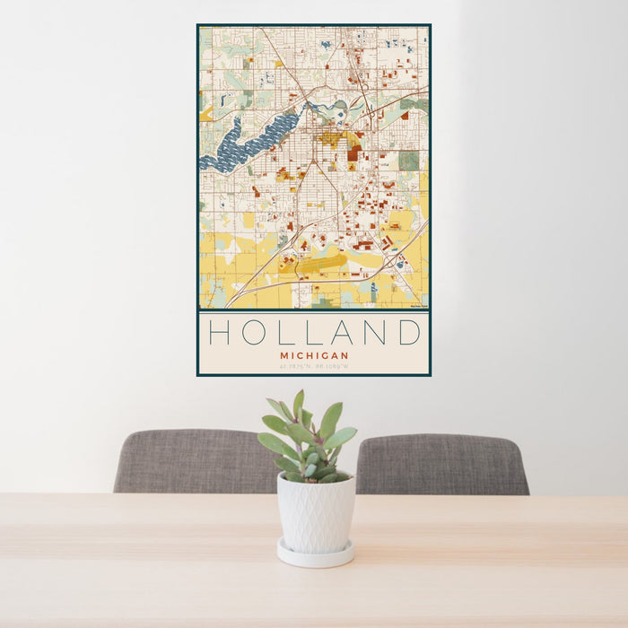 24x36 Holland Michigan Map Print Portrait Orientation in Woodblock Style Behind 2 Chairs Table and Potted Plant