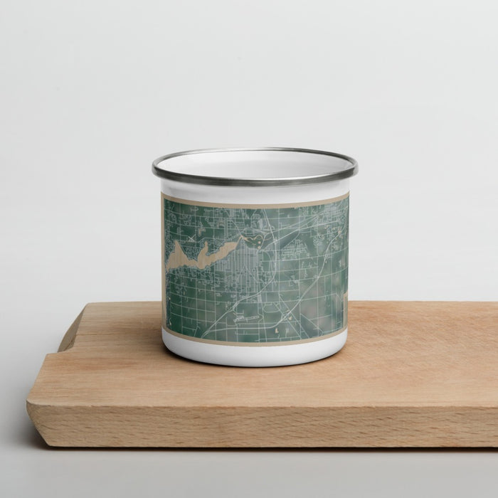 Front View Custom Holland Michigan Map Enamel Mug in Afternoon on Cutting Board