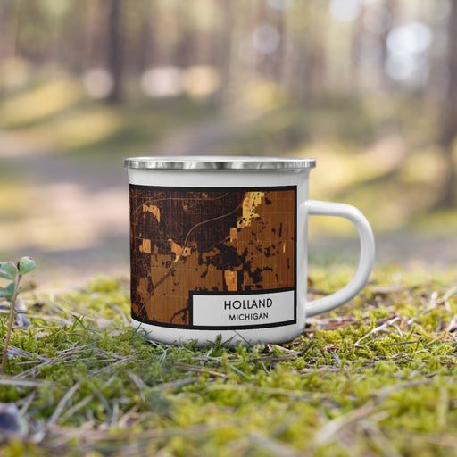 Right View Custom Holland Michigan Map Enamel Mug in Ember on Grass With Trees in Background