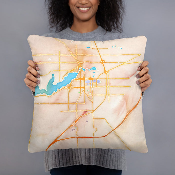 Person holding 18x18 Custom Holland Michigan Map Throw Pillow in Watercolor