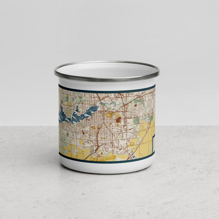 Front View Custom Holland Michigan Map Enamel Mug in Woodblock