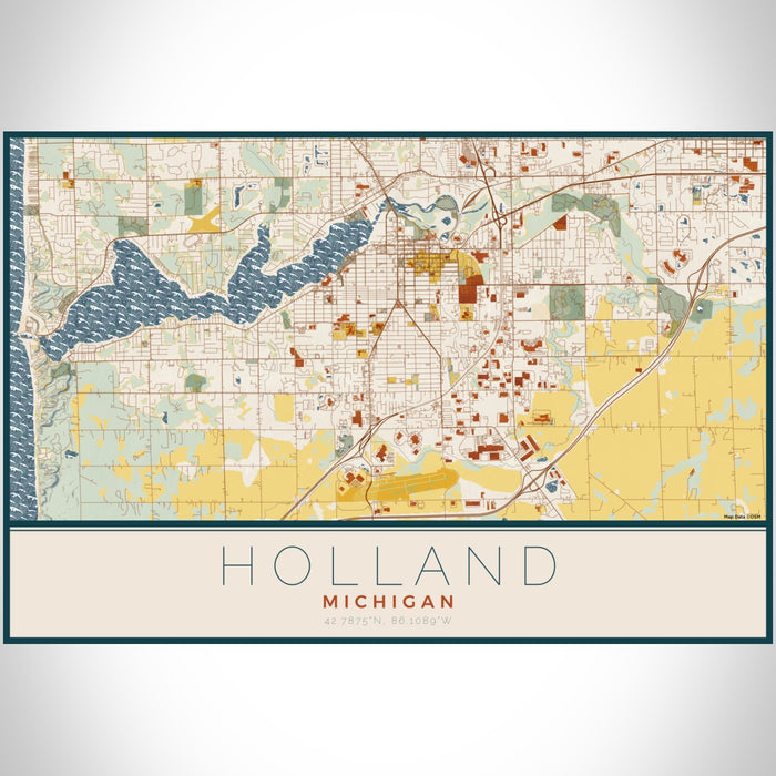 Holland Michigan Map Print Landscape Orientation in Woodblock Style With Shaded Background