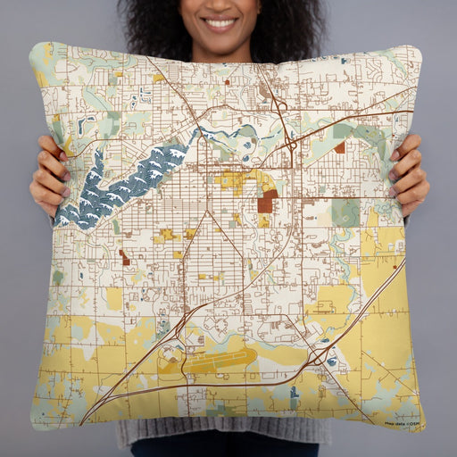 Person holding 22x22 Custom Holland Michigan Map Throw Pillow in Woodblock